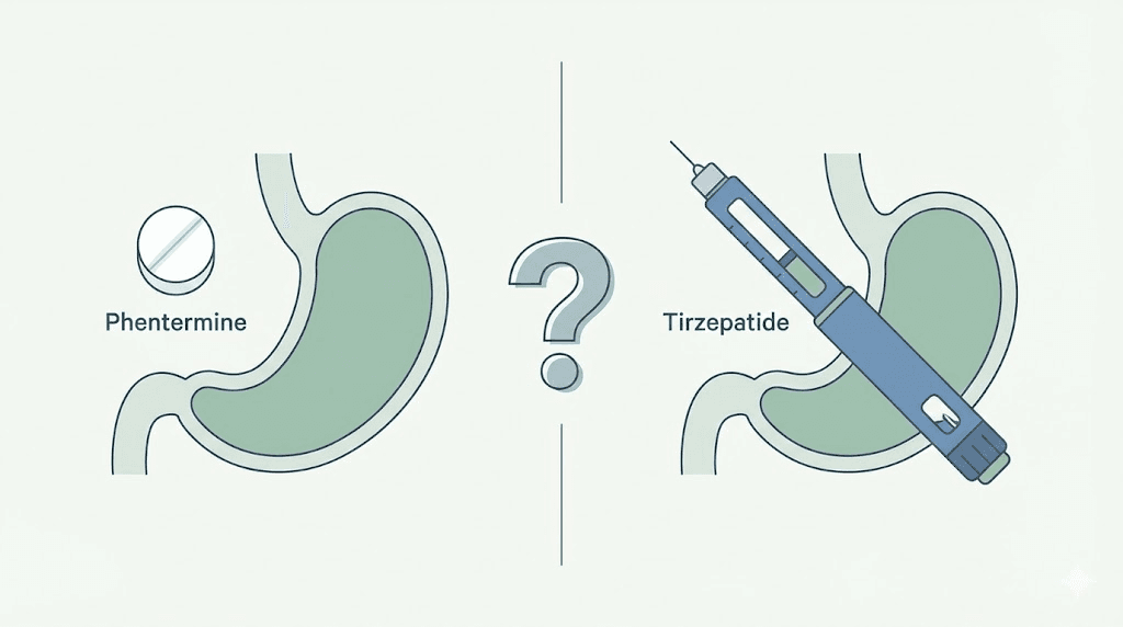 Phentermine pill versus tirzepatide injection pen comparison illustration