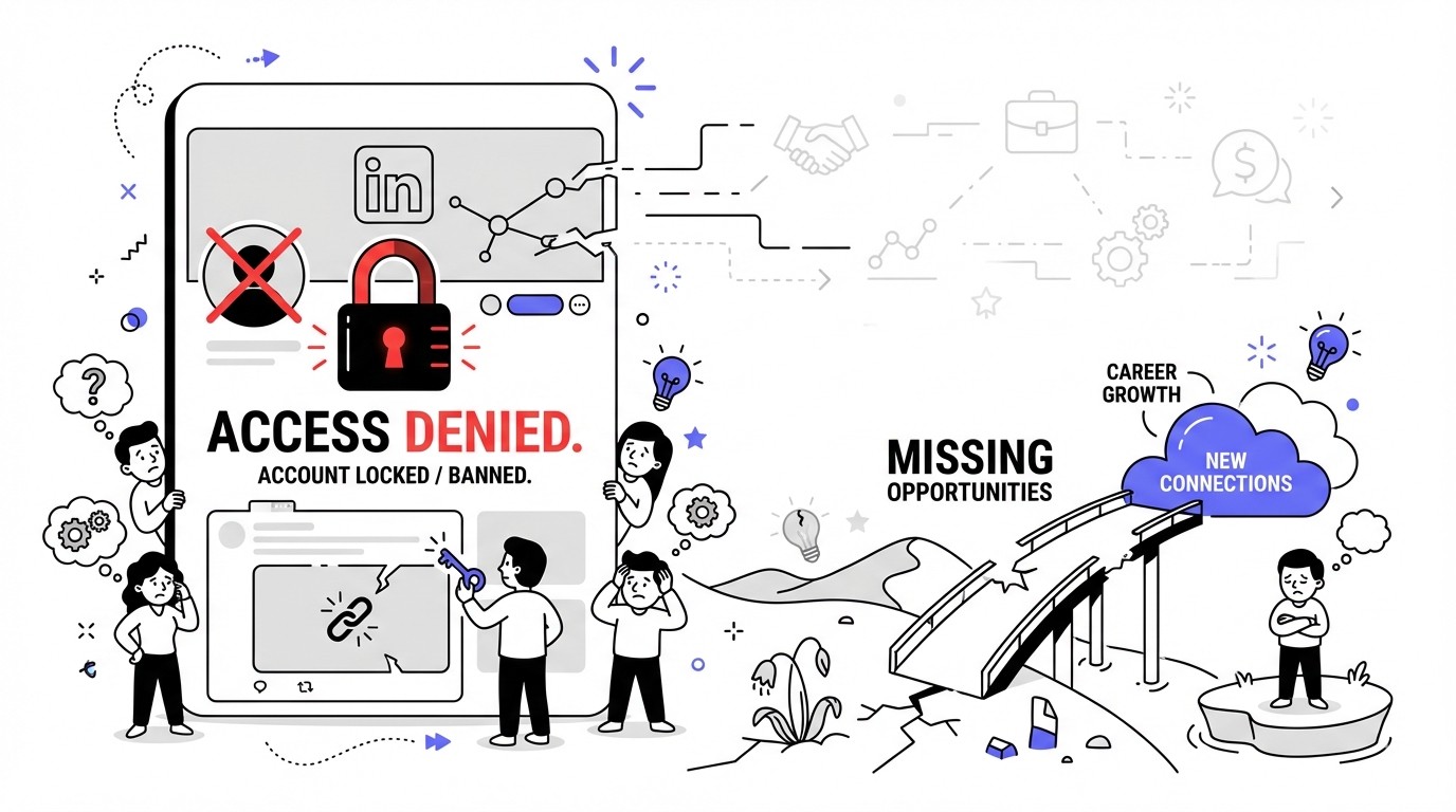 Illustration showing a locked LinkedIn profile on the left with padlocks and an 'Access Denied' sign, contrasting with a desolate, empty professional landscape on the right with broken connection lines, symbolizing lost opportunities and professional isolation.