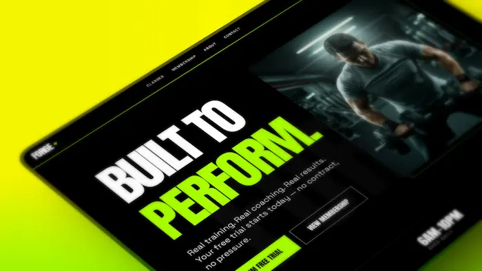 Forge Fitness gym website hero section with bold black and acid green typography