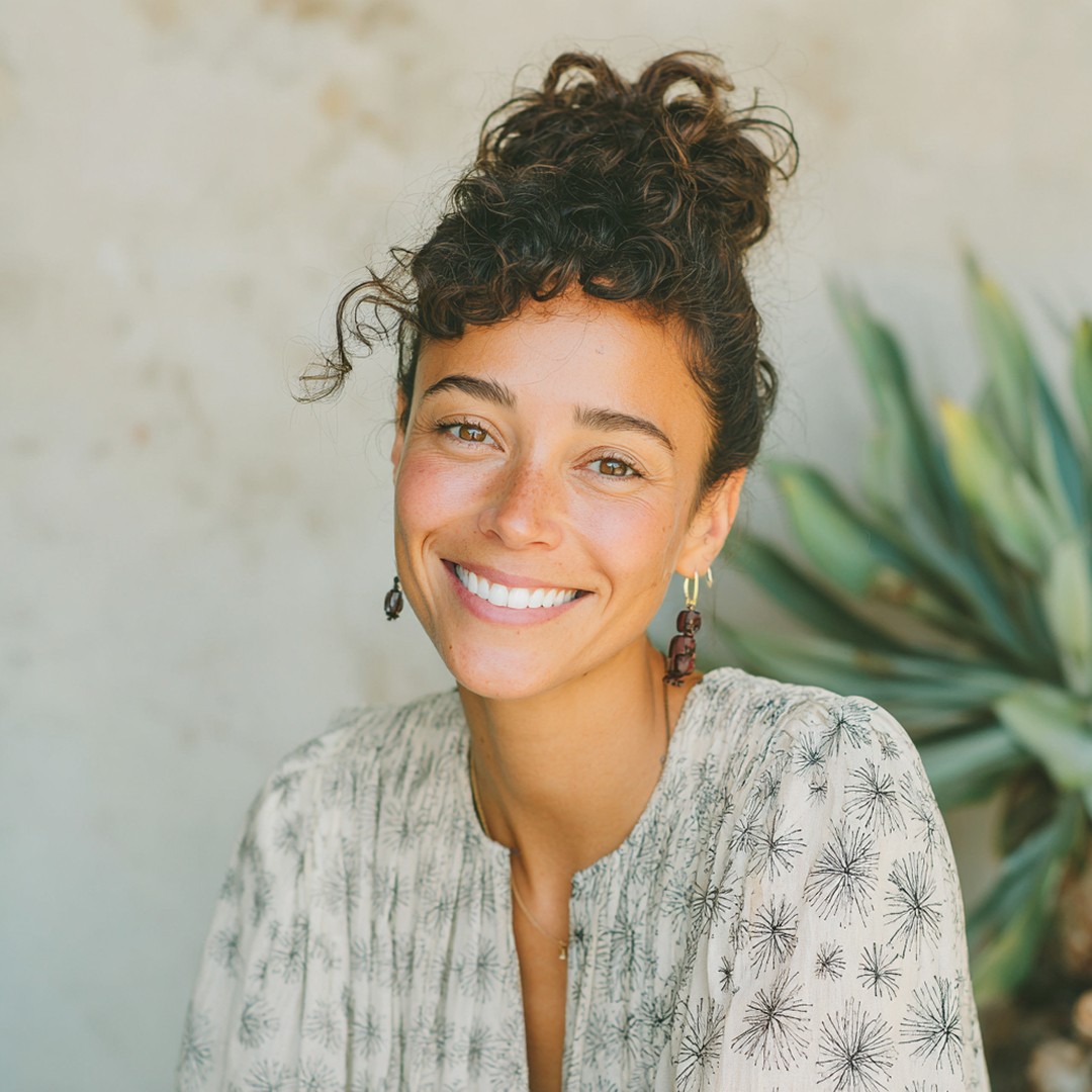 Smiling young woman with curly hair outdoors in natural light near green plants