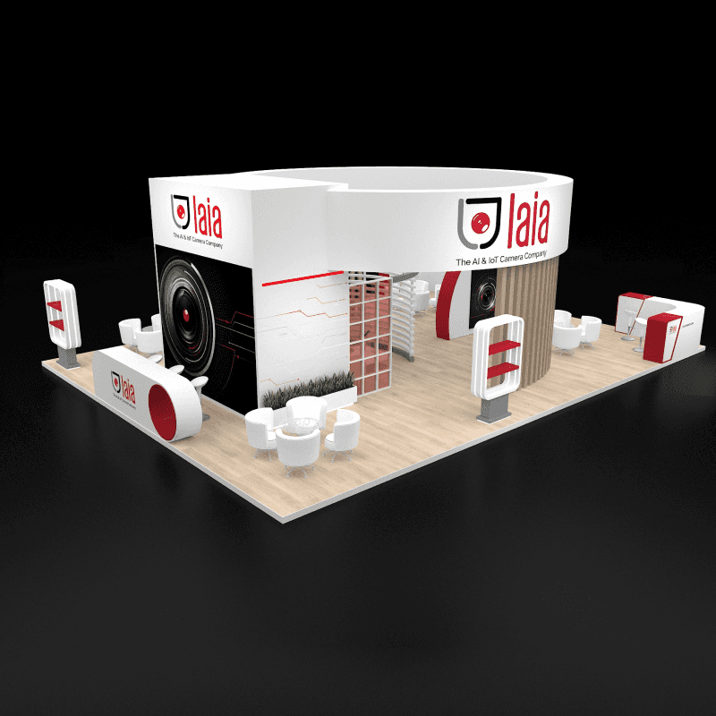 30x40 island booth design with technology demos and multiple buyer meeting areas