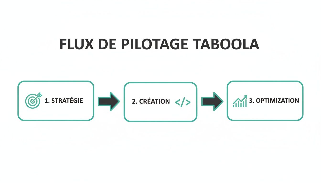 Organigramme illustrant les trois étapes du flux de pilotage Taboola : stratégie, création et optimisation.