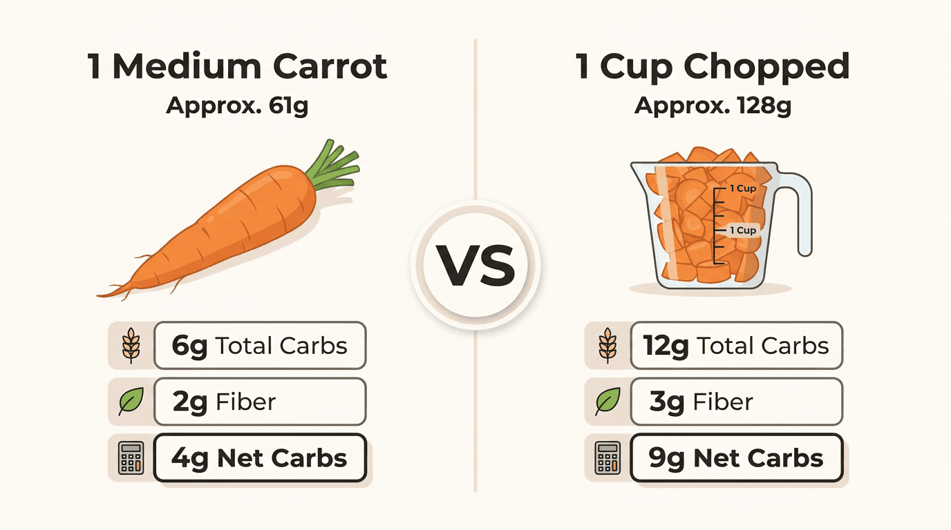 Net carbs in carrots comparison: one medium carrot vs one cup chopped