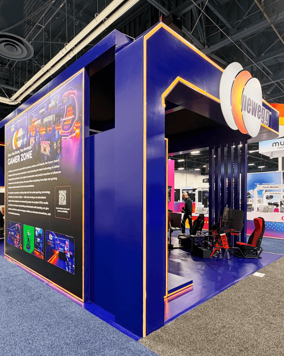 20x40 CES trade show booth overview with large branded structure, open demo zones, and visitor circulation space