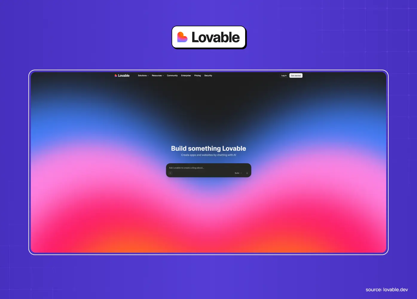 Homepage of Lovable highlighting its AI-powered app development platform with a prompt-based interface for building software.