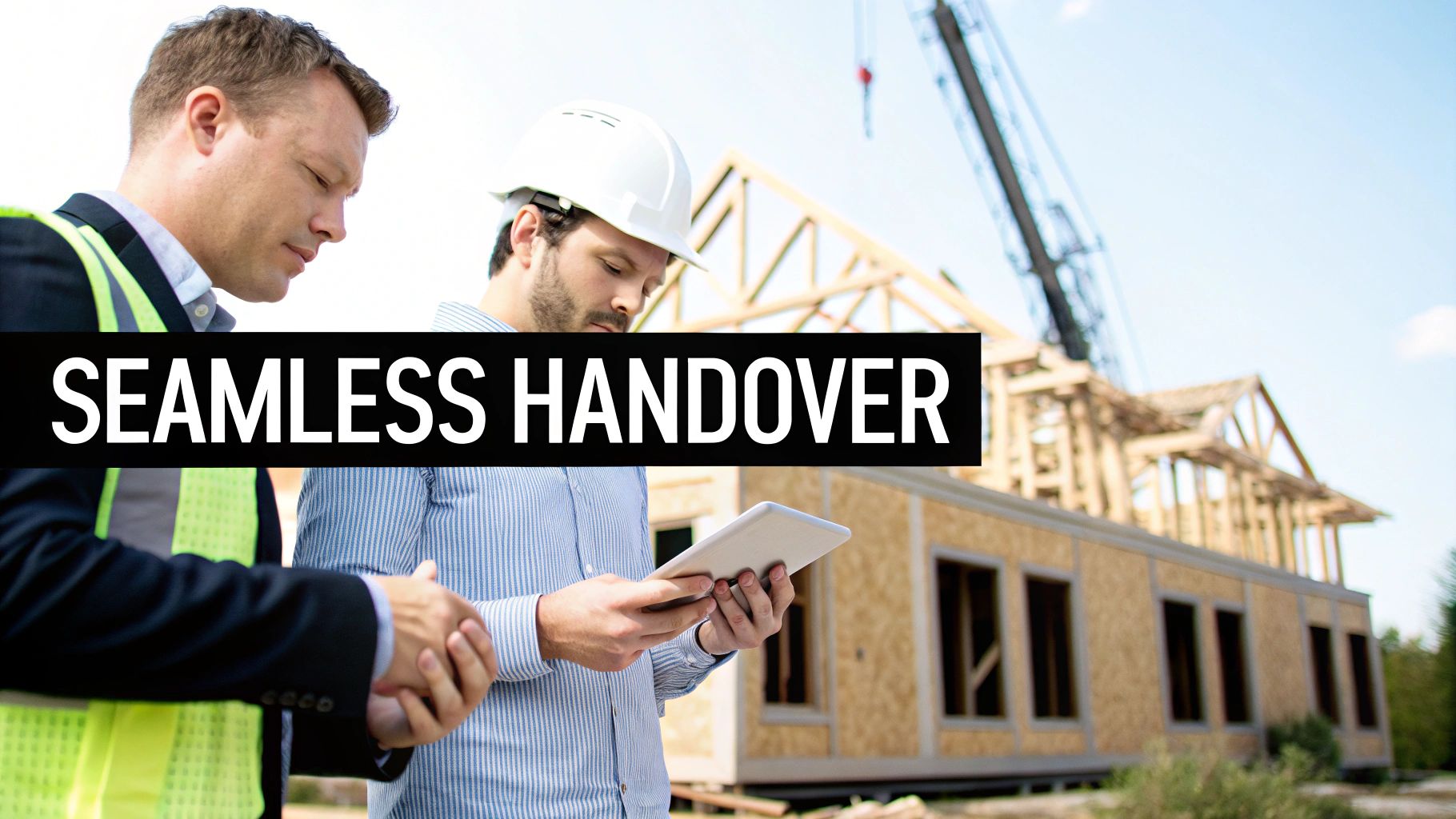 Two construction professionals review plans on a tablet at a building site with 'SEAMLESS HANDOVER' text.