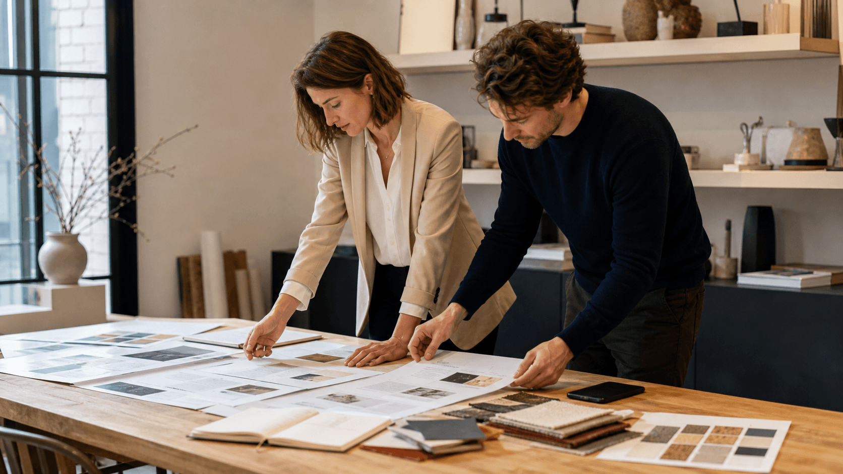 Studio de luxe avec maquette papier et équipe échangeant autour d’un site sur mesure
