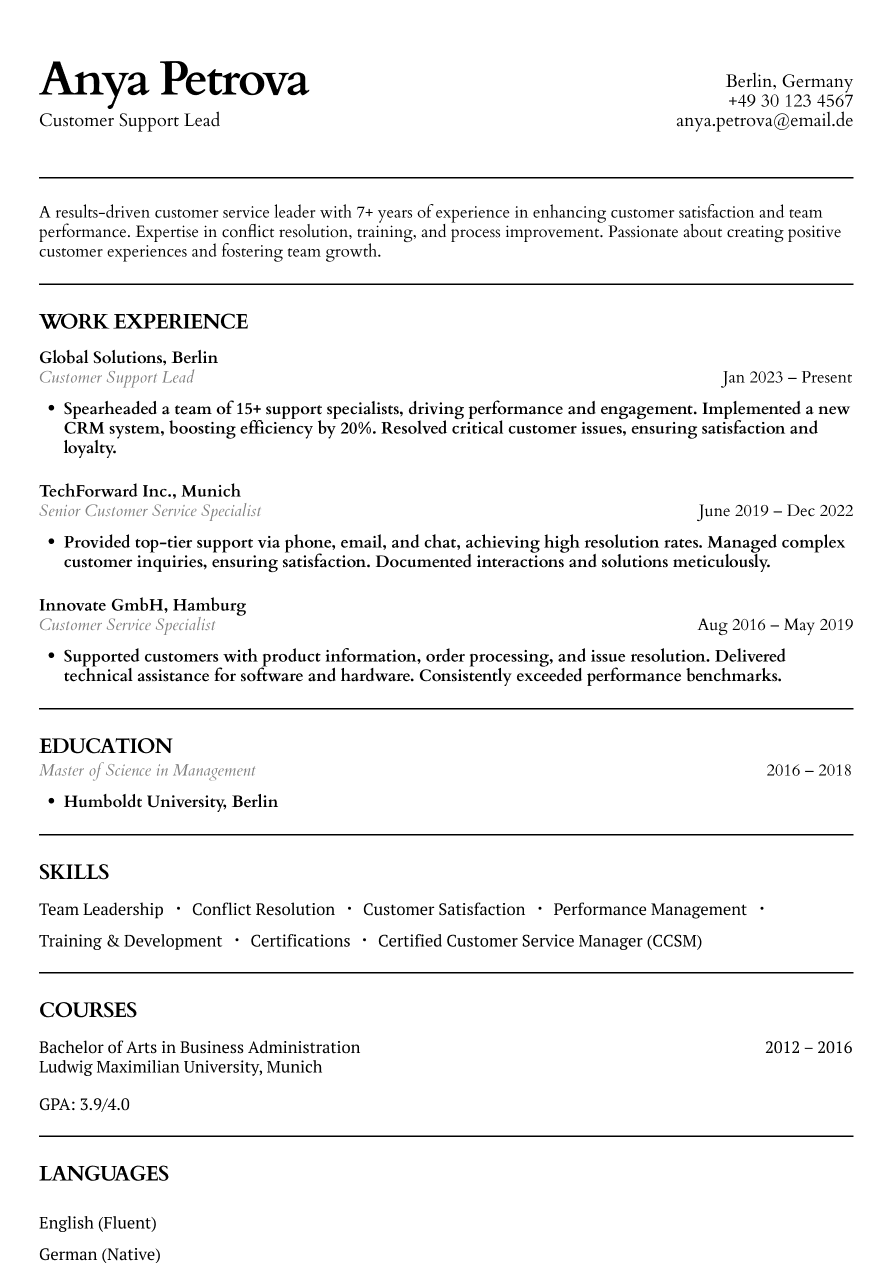 Customer service team lead resume example