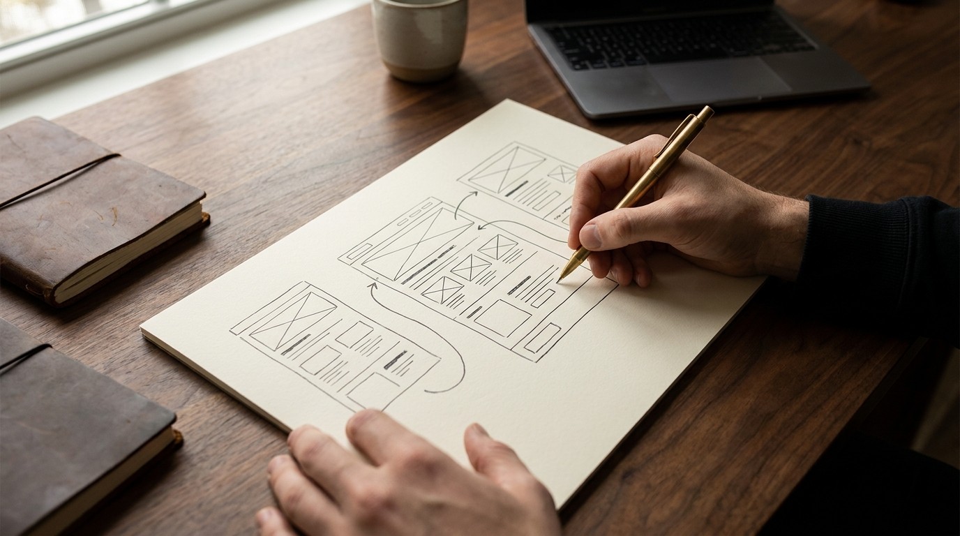 Skizze einer Website mit narrativer Story Struktur als Beispiel für Storytelling im Webdesign