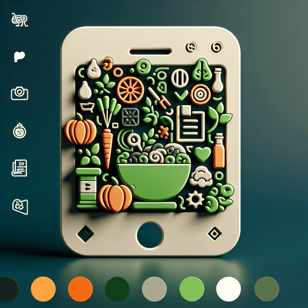 Stilisierte Darstellung eines Smartphones mit Icons in Gemüsefarben: Kürbisse, Karotten, Brokkoli und mehr umrahmen eine grüne Schüssel in der Mitte. Die seitlichen Symbole deuten auf Kamera-, Druck- und Scan-Funktionen hin – ideal für eine All-in-One Koch-App.