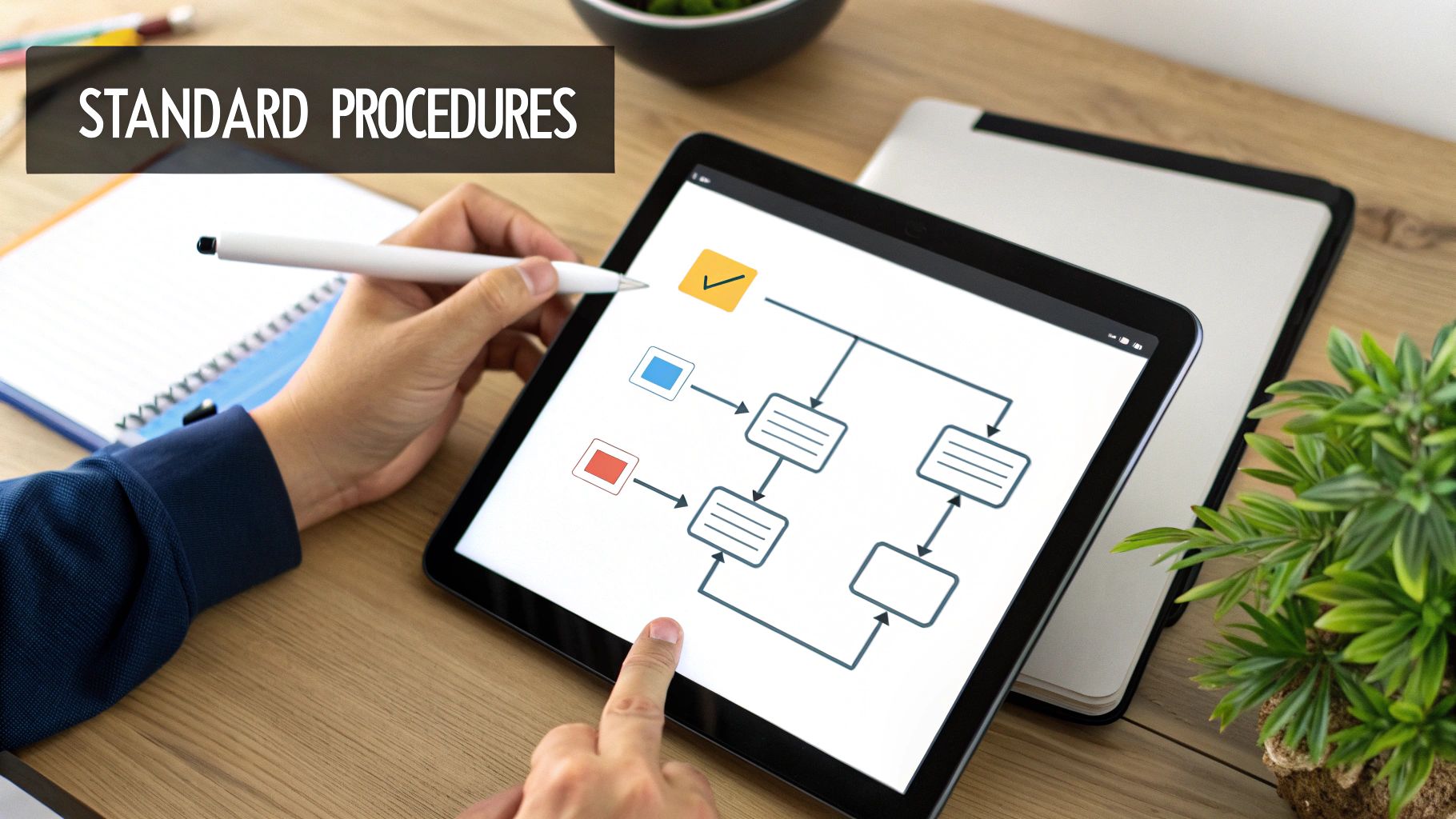 A person's hands use a stylus on a tablet displaying a business flowchart for standard procedures.