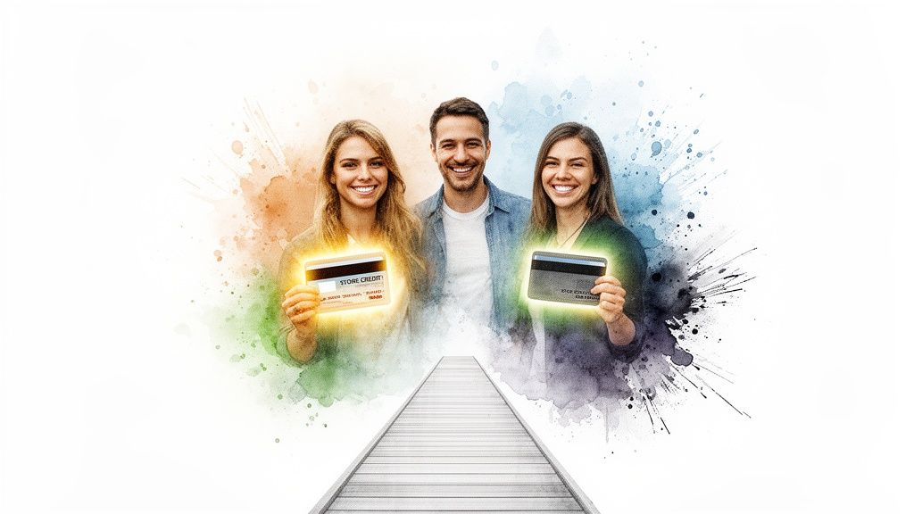 Diverse group of smiling people holding glowing store credit and loyalty cards with watercolor splashes.