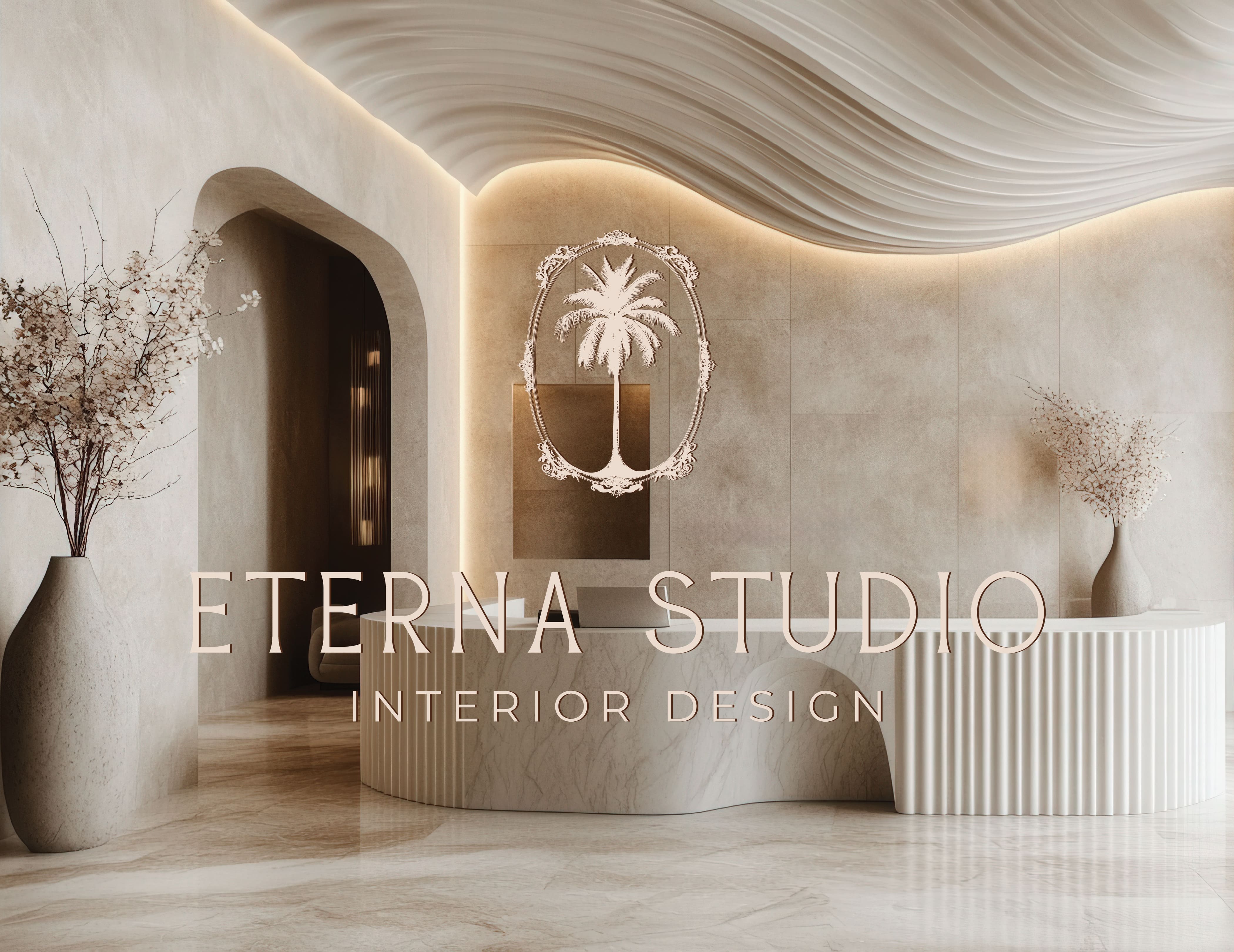 A modern interior design studio featuring a sleek, minimalist reception area. The space is adorned with elegant, neutral-toned walls and a smooth, wavy ceiling that adds texture. A curved, ridged white counter serves as the reception, complemented by stylish vases containing delicate branches. The logo ETERA STUDIO INTERIOR DESIGN is prominently displayed, embodying a contemporary aesthetic. Soft lighting enhances the tranquil atmosphere, highlighting the luxurious flooring.
