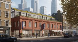 Red-brick and glass buildings in a walkable urban streetscape.