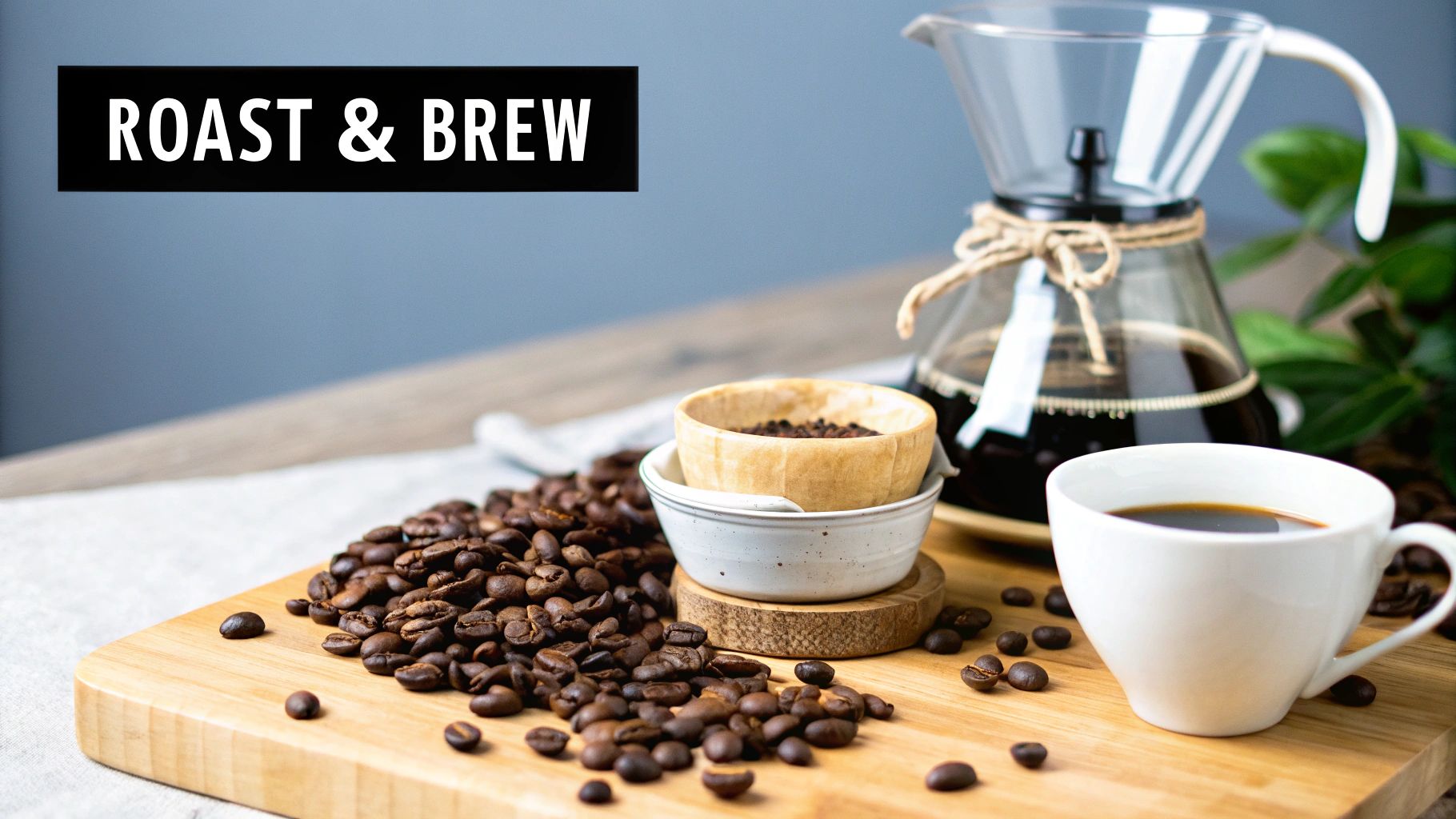 Roasted coffee beans, ground coffee, and a cup of freshly brewed coffee next to a pour-over maker.
