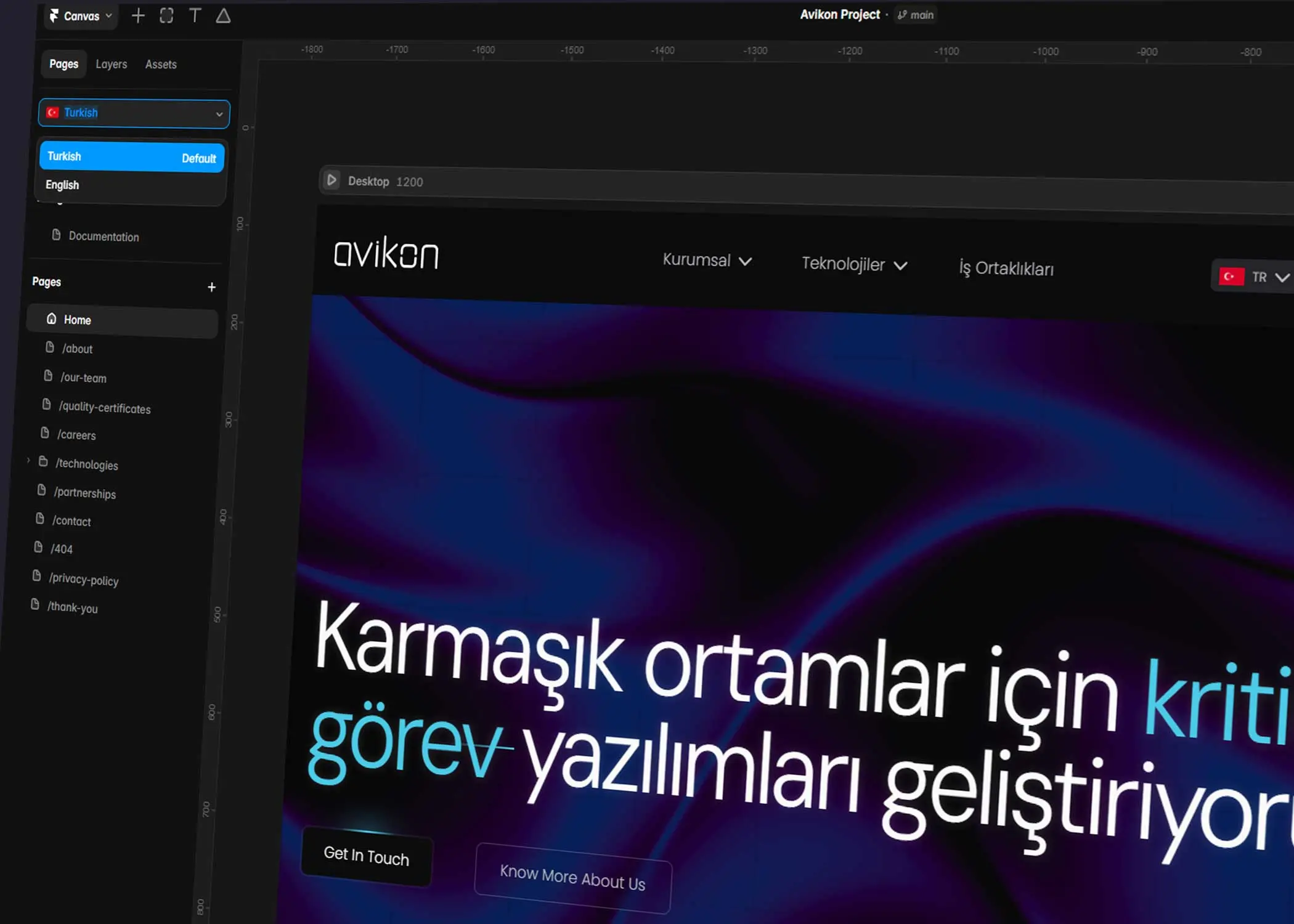 Framer Localization interface showing language selection for a multilingual website with Turkish and English versions.