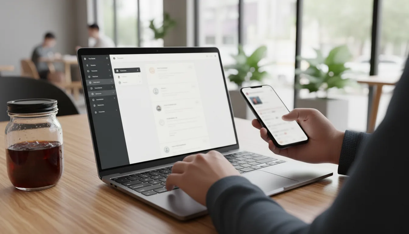 DSLR photography, over-the-shoulder view of a person's hands on a dark grey laptop keyboard at a wooden table in a bright, modern cafe. The person is also holding a smartphone. The laptop screen shows a team collaboration software interface with a dark sidebar and a light-themed central panel containing placeholder UI elements. The background is out of focus with a shallow depth of field, revealing a softly blurred interior with natural daylight. A glass mason jar containing a dark beverage sits on the table next to the laptop.