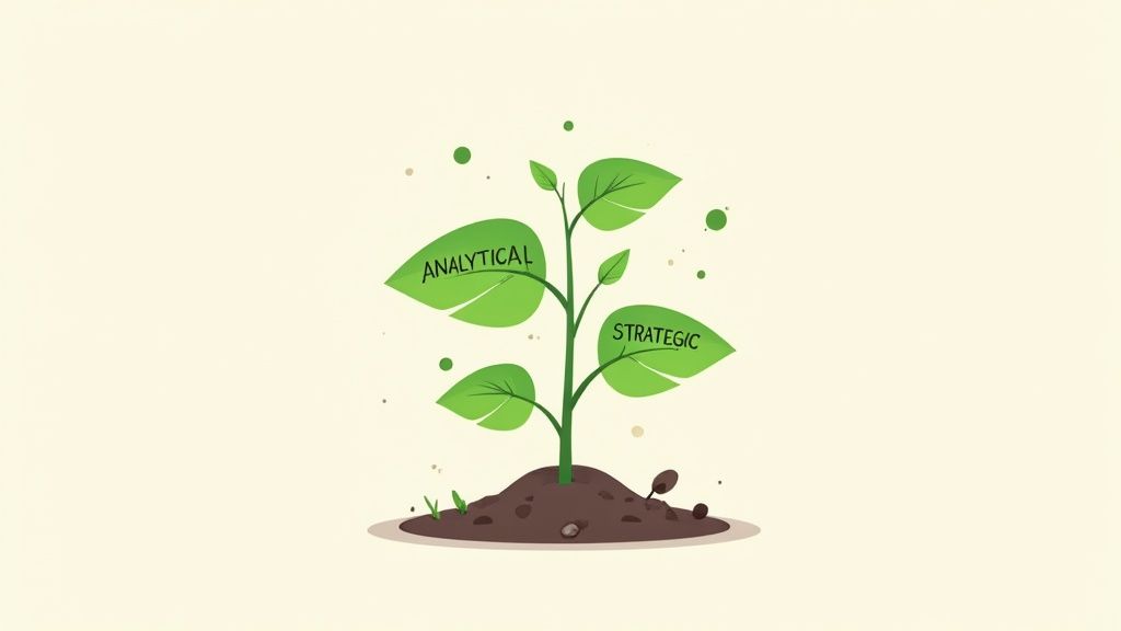 A person watering a plant that is growing a lightbulb, symbolizing the nurturing of strengths.