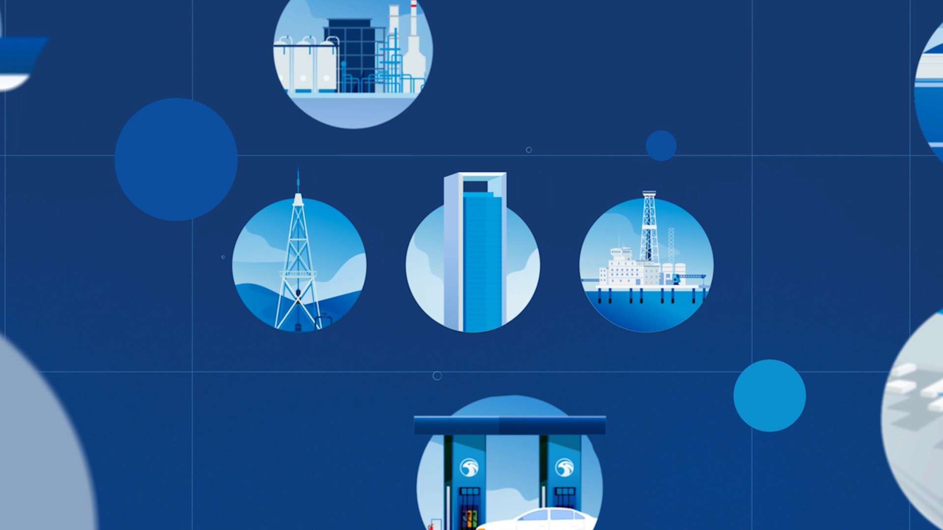 Abstract animation of connected icons representing different systems and infrastructure elements