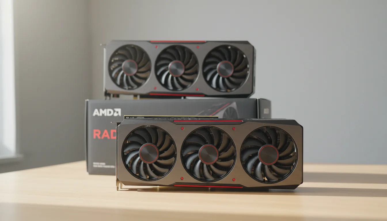 DSLR photograph of two high-end, triple-fan Radeon GPUs displayed on a light wood table. One GPU is in sharp focus in the foreground, while the second is elevated on its black product box slightly behind it. The scene is illuminated by soft, even natural daylight, highlighting the matte black and dark grey metal texture of the hardware. The background is a clean, out-of-focus light grey wall, creating a shallow depth of field.