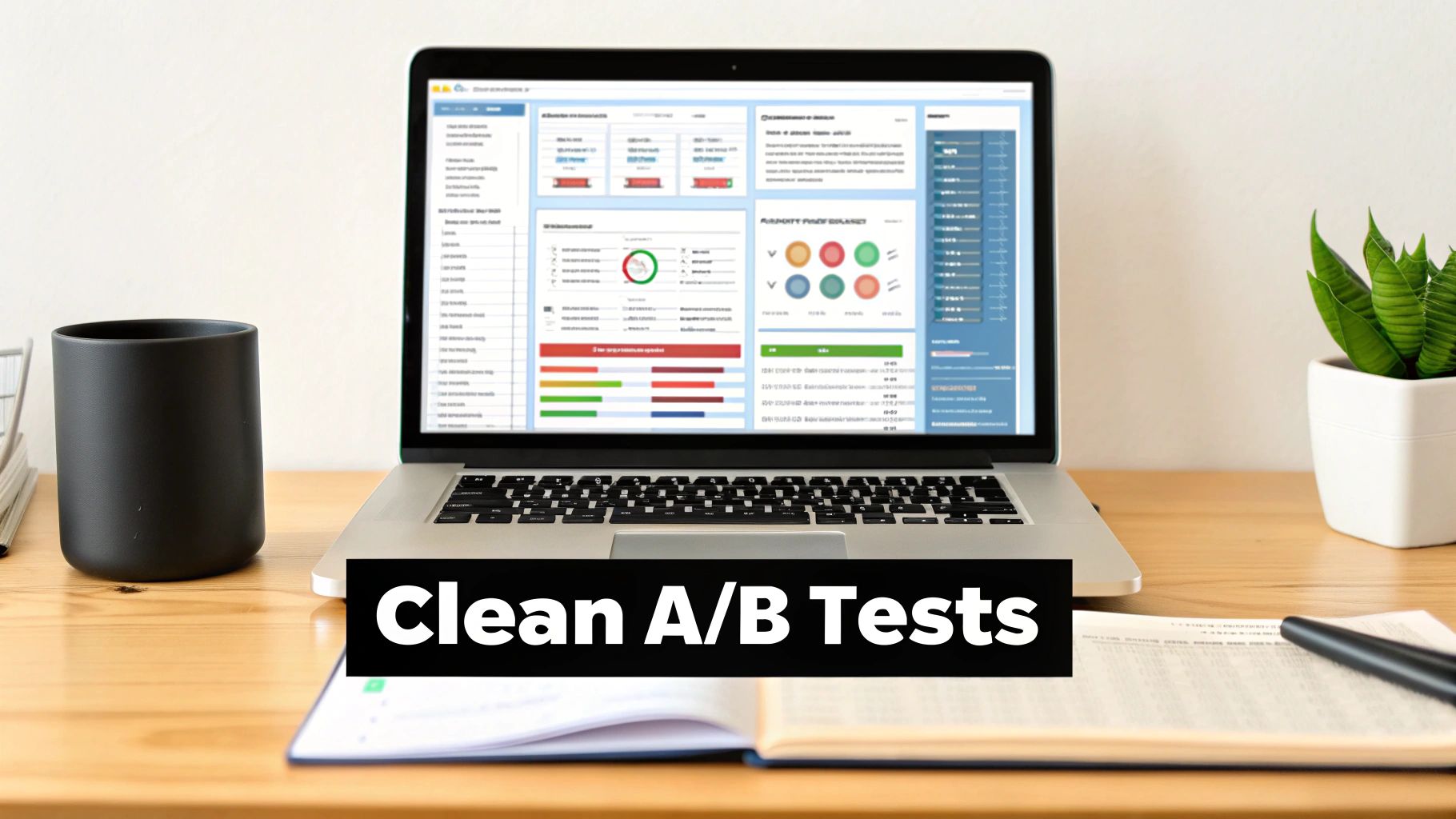 Laptop on a wooden desk displaying an A/B testing dashboard with charts, graphs, and 'Clean A/B Tests' overlay.