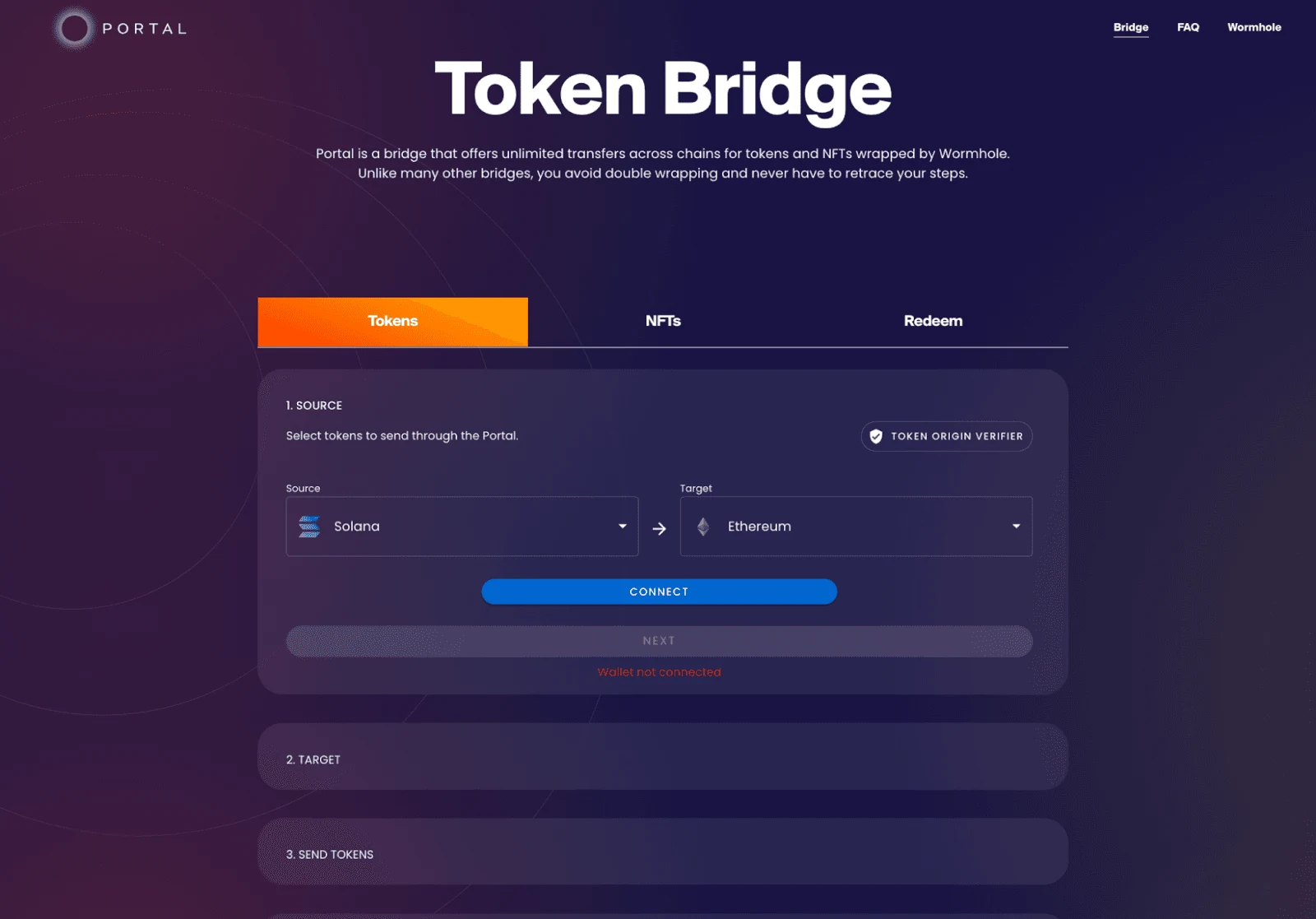 Portal Token Bridge interface showing Solana to Ethereum bridge route