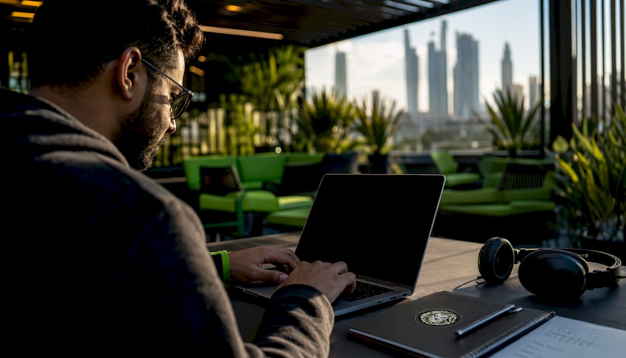 Developer typing smart contract code in UAE office
