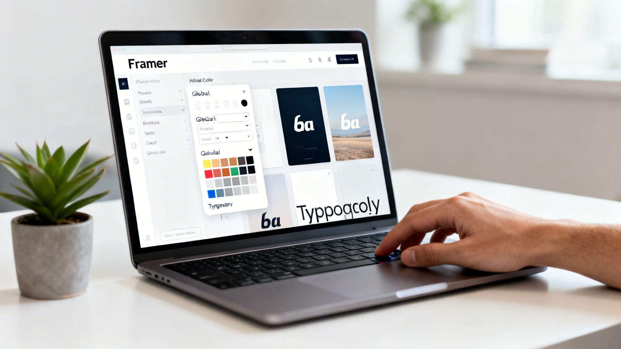 Close-up of a hand using a laptop with Framer design software displaying color and typography options.