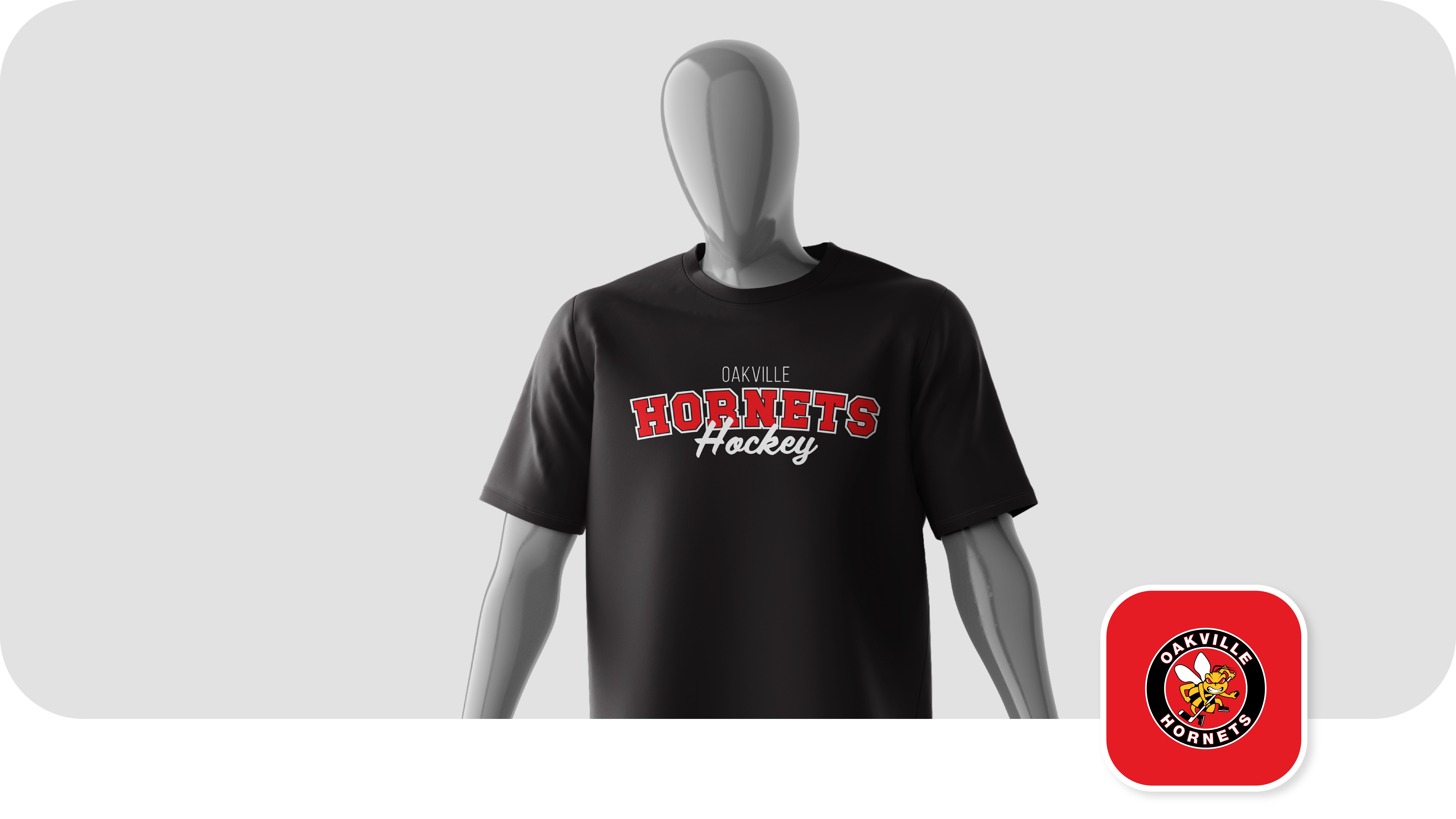 Black T‑shirt on a mannequin featuring an Oakville Hornets hockey graphic.