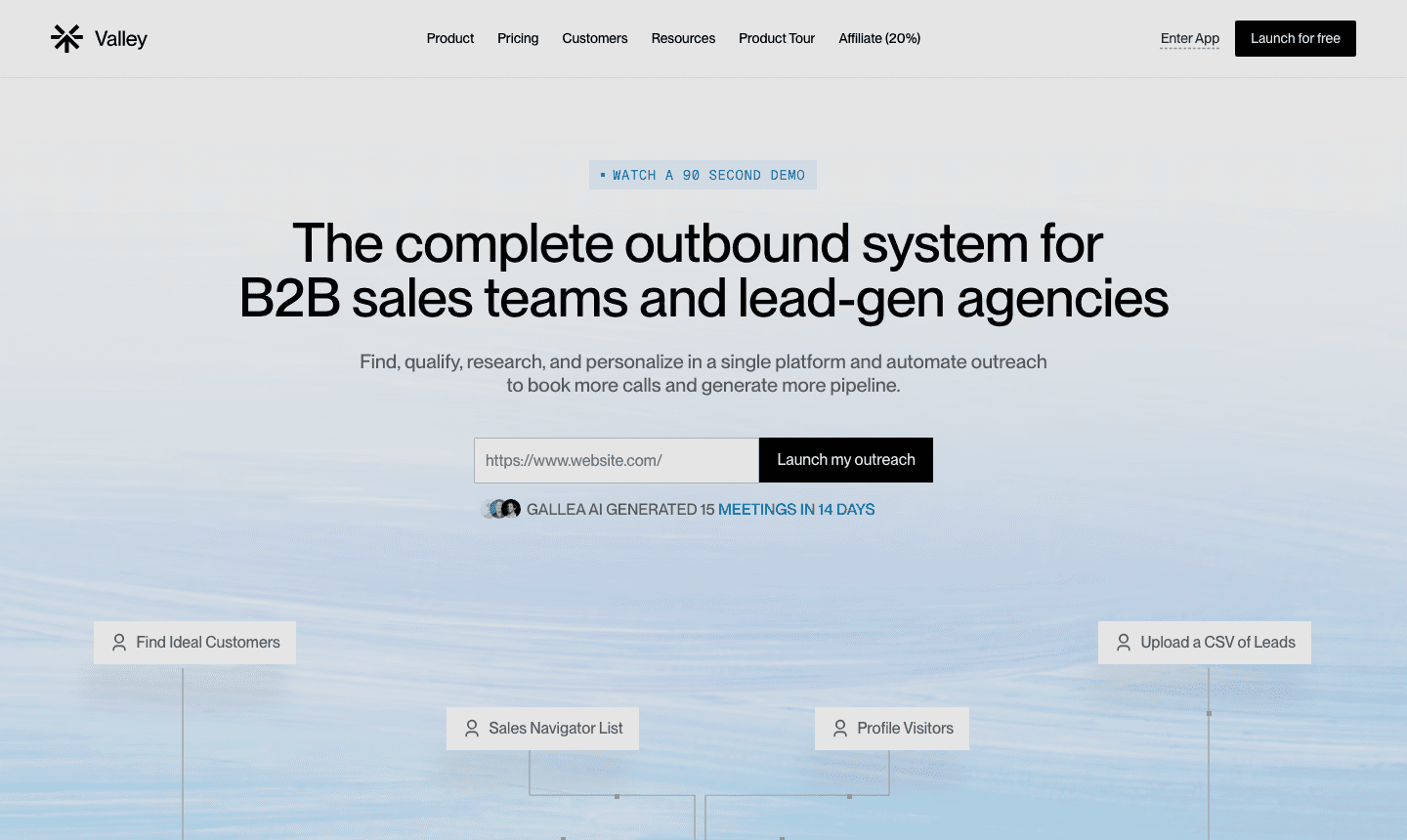 Valley product page: the complete outbound system for B2B sales teams and lead-gen agencies (joinvalley.co/product)
