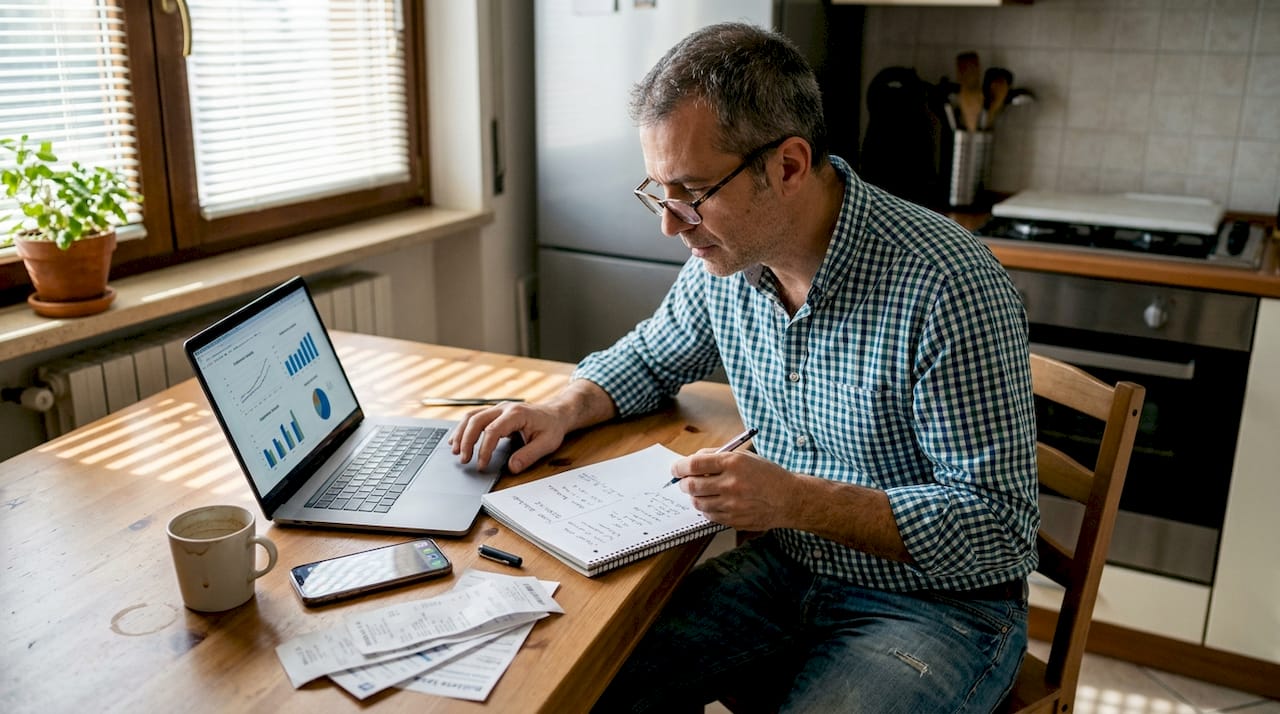 Un uomo seduto al tavolo della cucina che valuta e confronta diverse strategie di investimento, magari sfogliando documenti o consultando il computer mentre riflette sulla scelta migliore per il suo futuro finanziario.