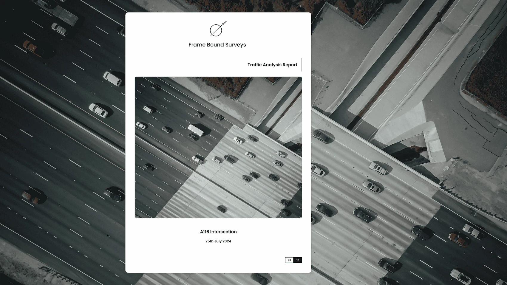 Frame Bound Surveys traffic analysis report cover page for A116 intersection featuring aerial highway survey data