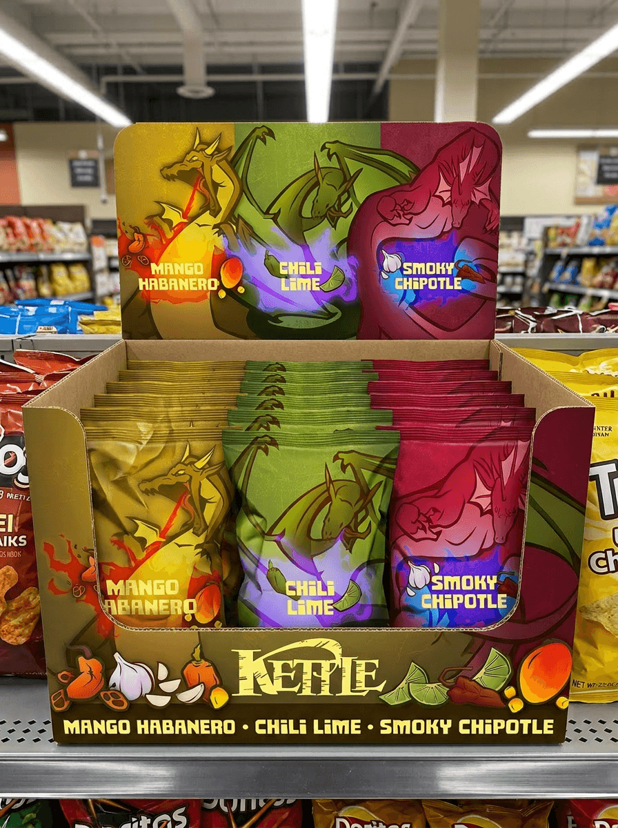 All three chip flavors in a cardboard display case among other chip brands.