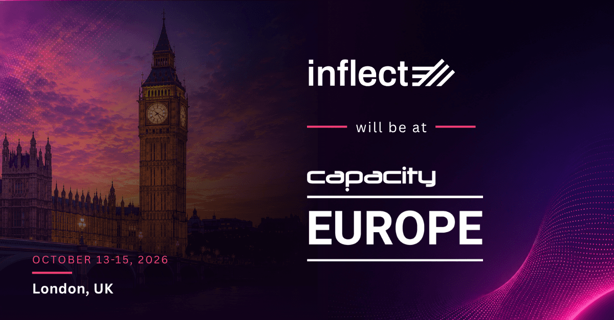 Purple and pink event graphic with a sunset photo of Big Ben and Parliament in London. Text reads: "Inflect will be at Capacity Europe," with "October 13-15, 2026, London, UK" below.