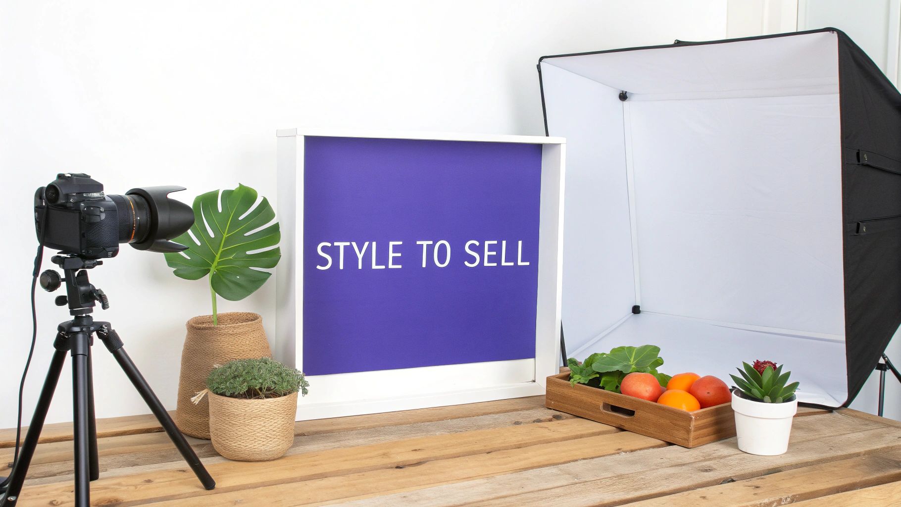 A styled product shot inside a light box, showing a camera capturing an image of cosmetics arranged on a marble surface.