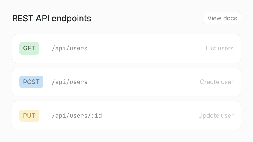 REST API endpoints: GET /api/users (List users), POST /api/users (Create user), PUT /api/users/:id (Update user)