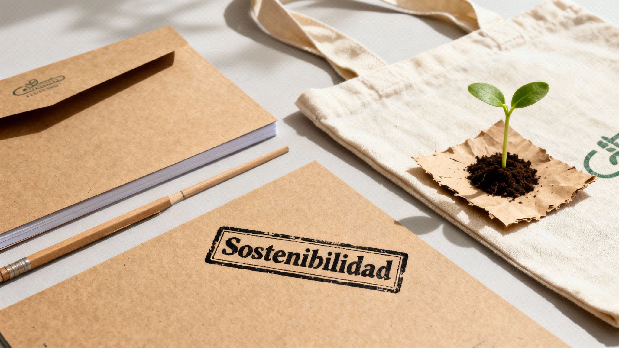 Artículos ecológicos: plántula en tierra, cuadernos de papel kraft, lápiz de madera y bolsa de tela. La palabra 'Sostenibilidad' está visible.