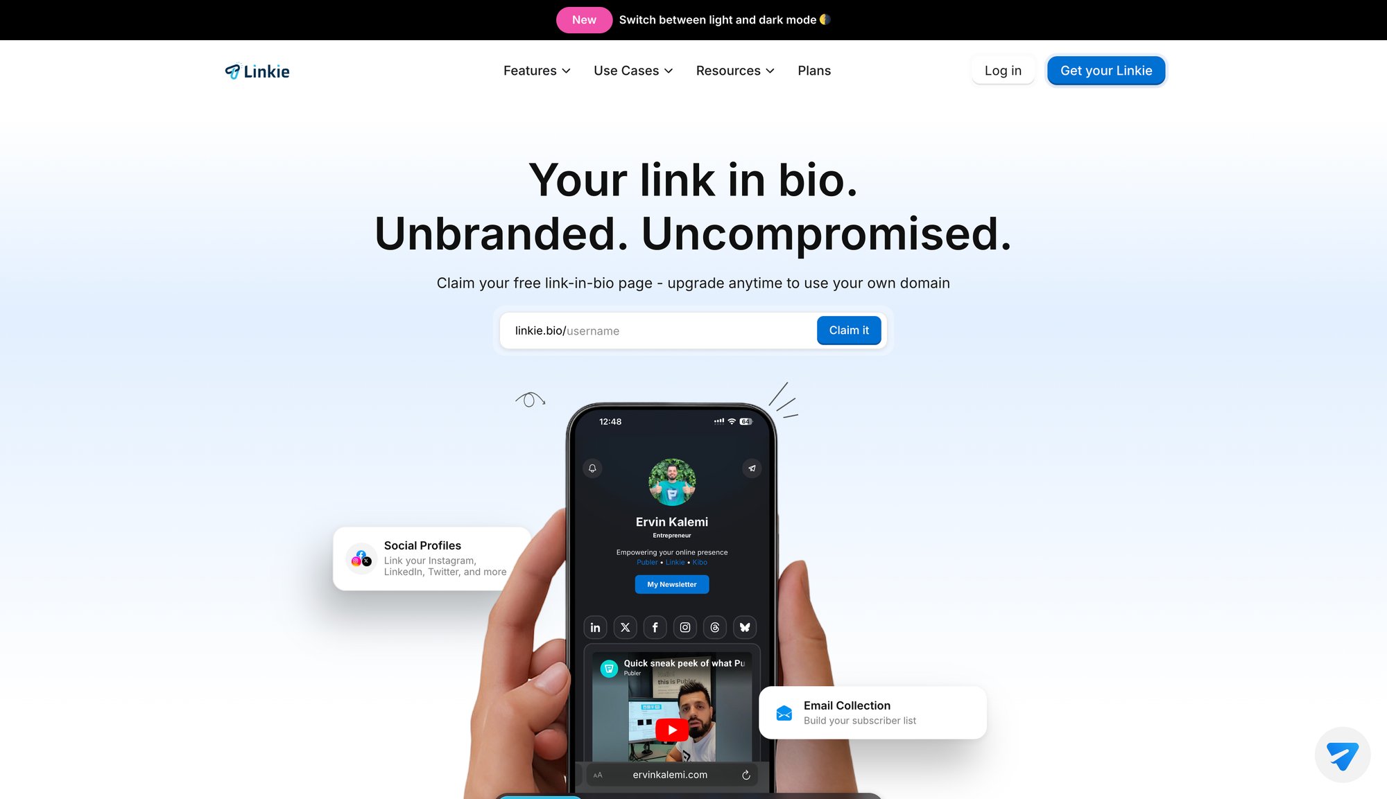 A website for Linkie, a link-in-bio tool, showing a phone with a user's profile and social links.