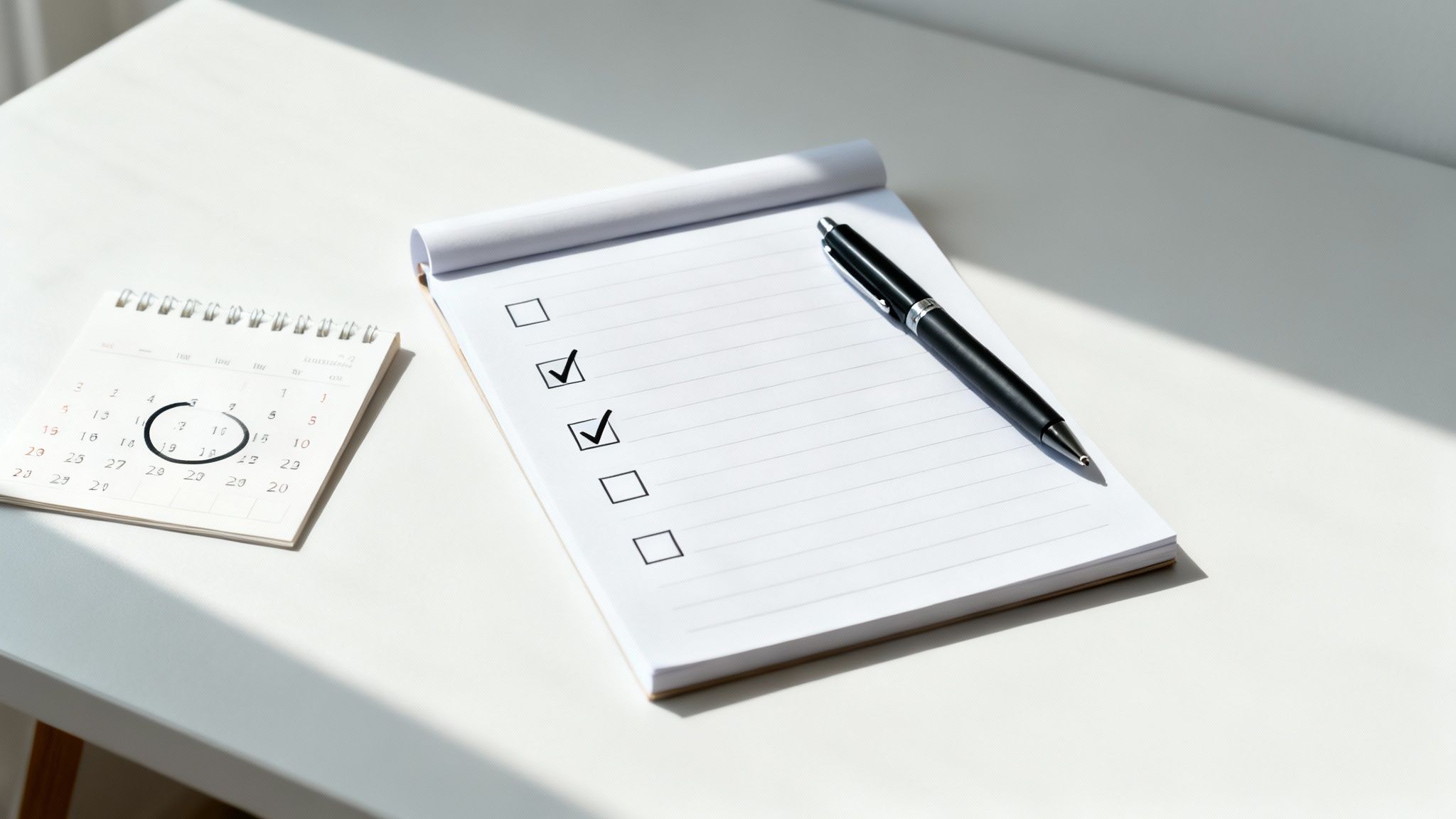 White desk with a calendar, a checklist with checked items, and a black pen.
