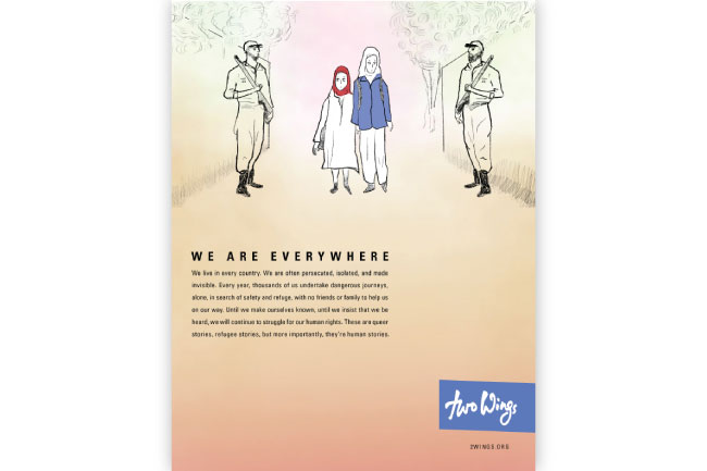 The image is a poster with a light peach background. At the top, there are three figures: two soldiers in khaki uniforms flanking a woman in a light-colored dress and a man in a blue jacket and white pants. The soldiers are holding rifles, and the woman has a red headscarf. The figures are drawn in a sketch style. Below the figures, the text "WE ARE EVERYWHERE" is printed in bold capital letters. Underneath this title is a paragraph of text. At the bottom right corner, a blue rectangular logo reads "Two Wings" in white cursive letters, with "ZWINGS ORB" written below it in smaller white letters.