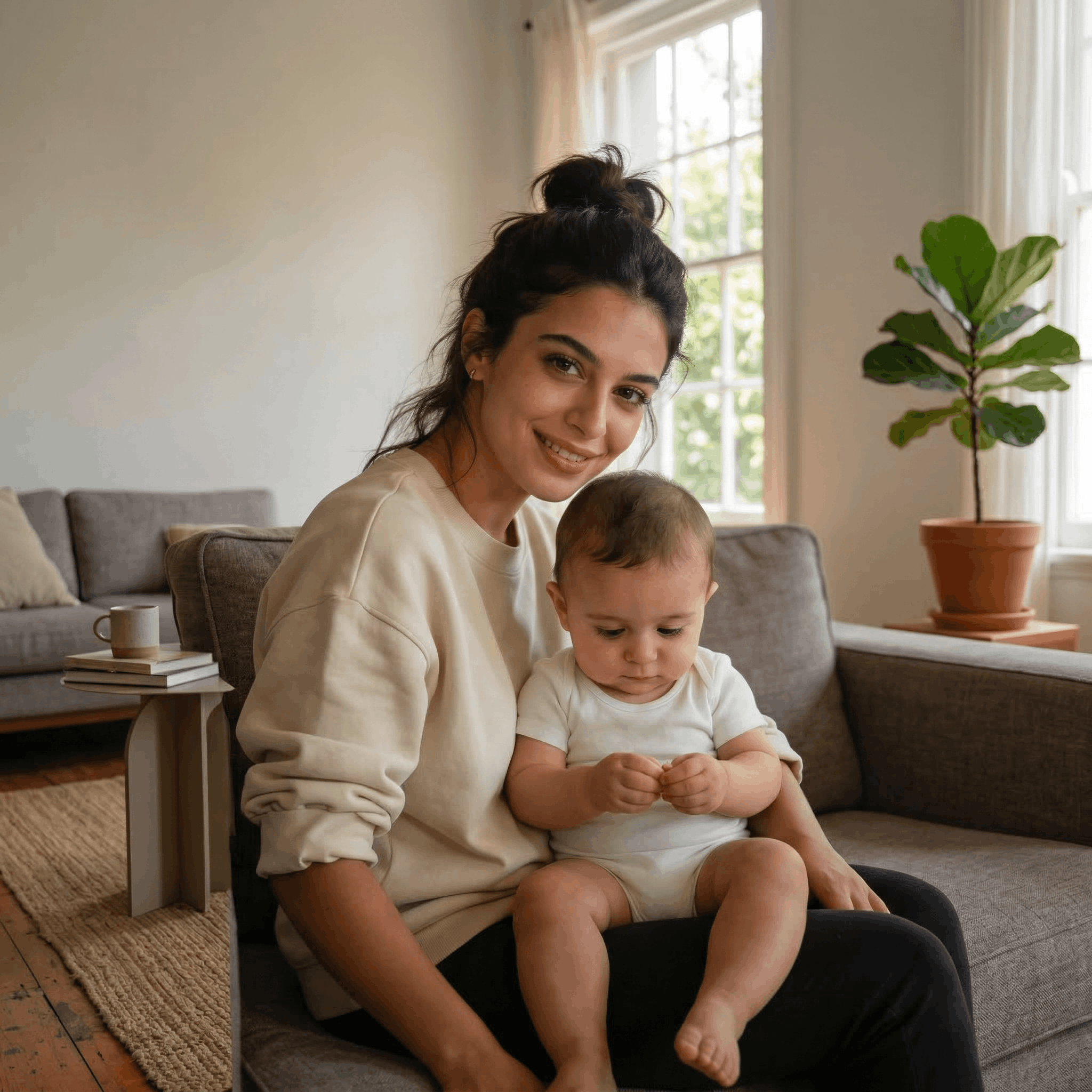 Smiling woman holding a baby on her lap on a sofa.
