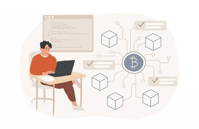 Different types of blockchain developers in a collaborative environment.