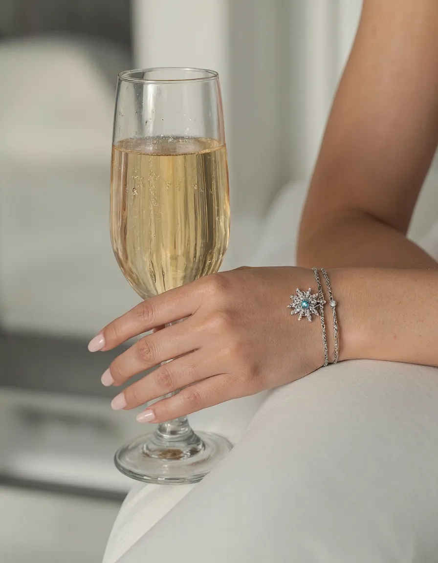 Close-up of a hand with pale manicure and snowflake bracelet holding a champagne flute against a white background