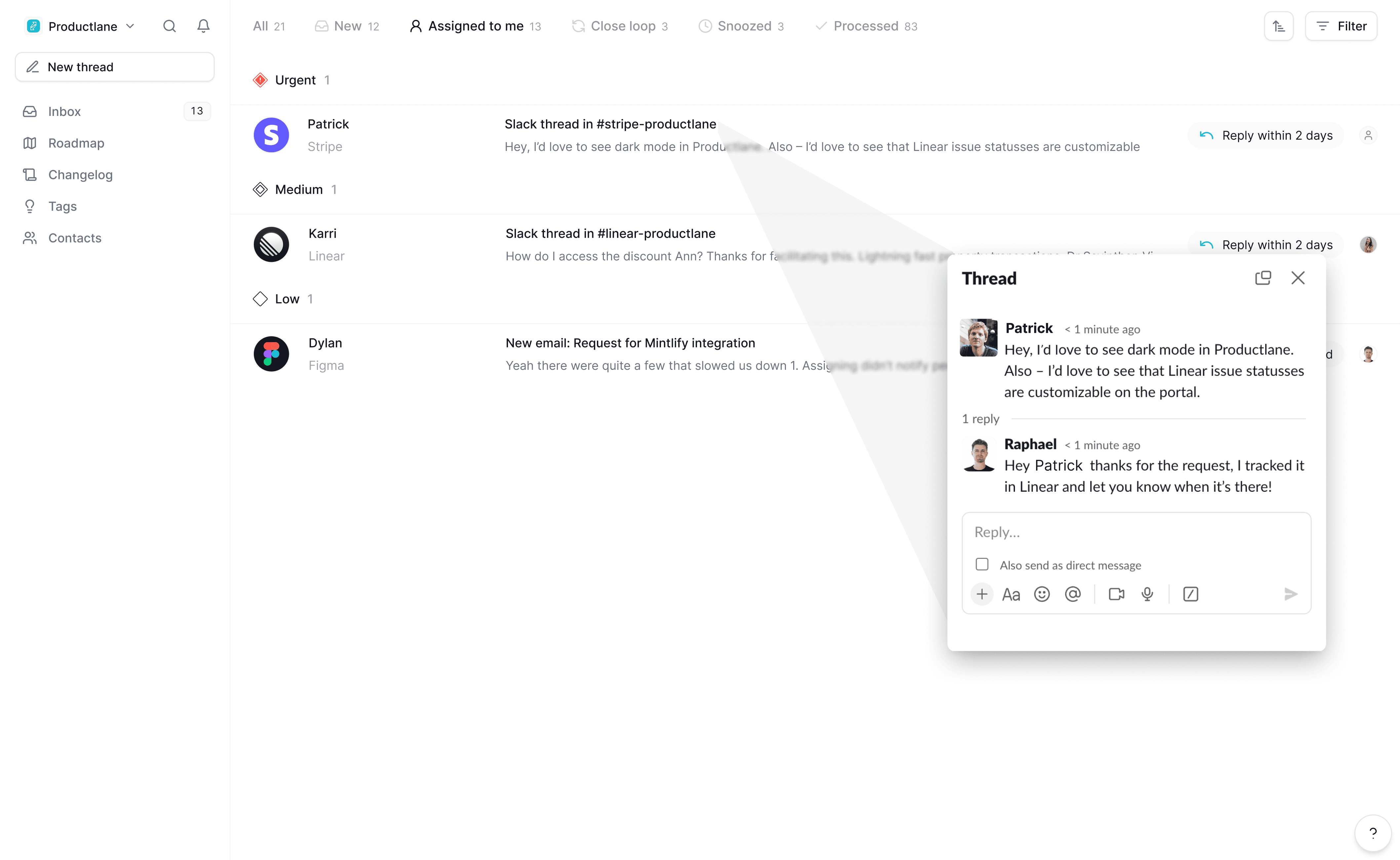 slack inbox customer support productlane