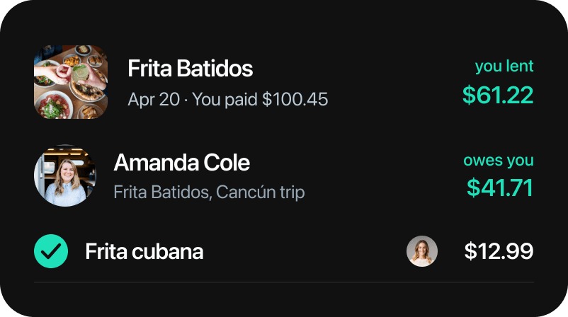 List rows: Expense, friend, item and five more