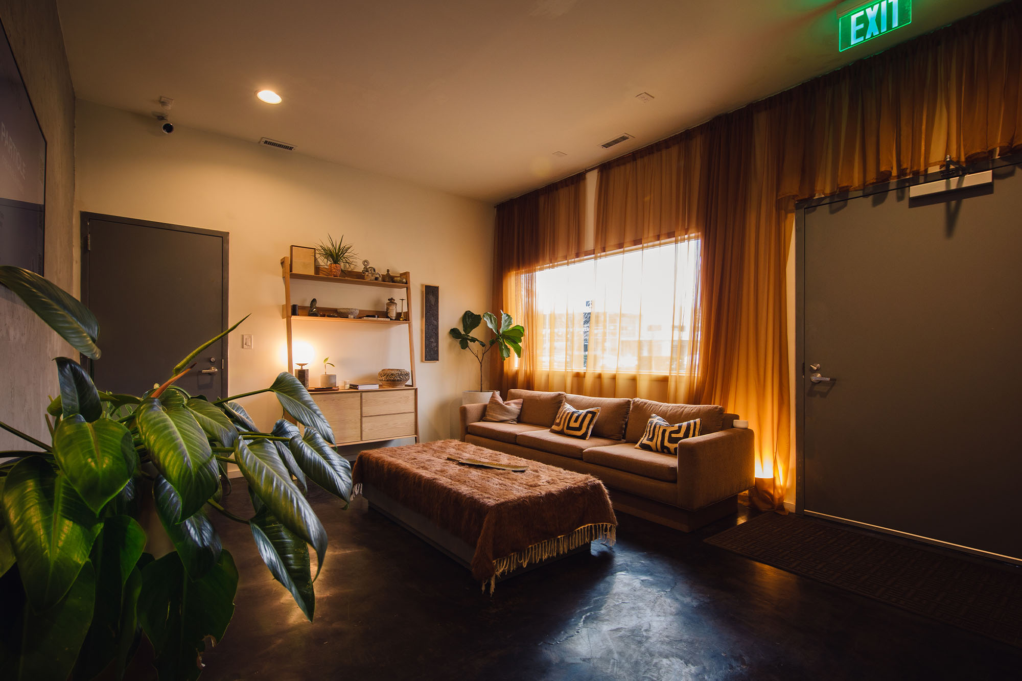 The Particle Studio Lobby stands clean and ready to hosts a booking. A plant in the forground breaths life into a space filled with warming ceramic textures.