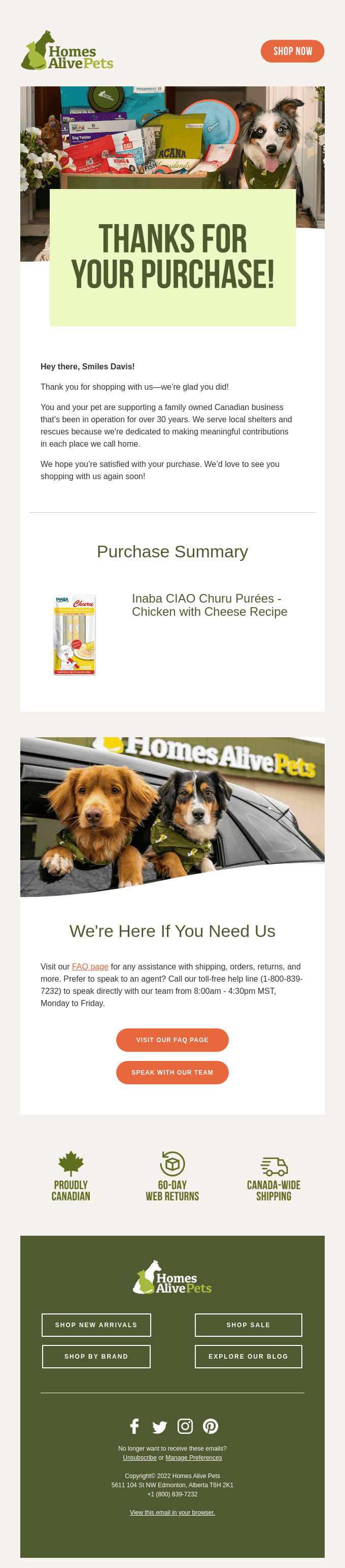 Homes Alive Pets email thanking customers for their purchase with order summary, support links, and featured pet images