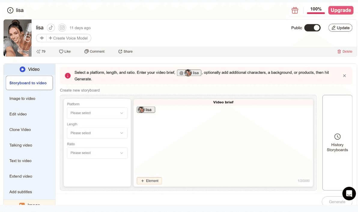 APOB AI storyboard settings for a faceless digital marketing video