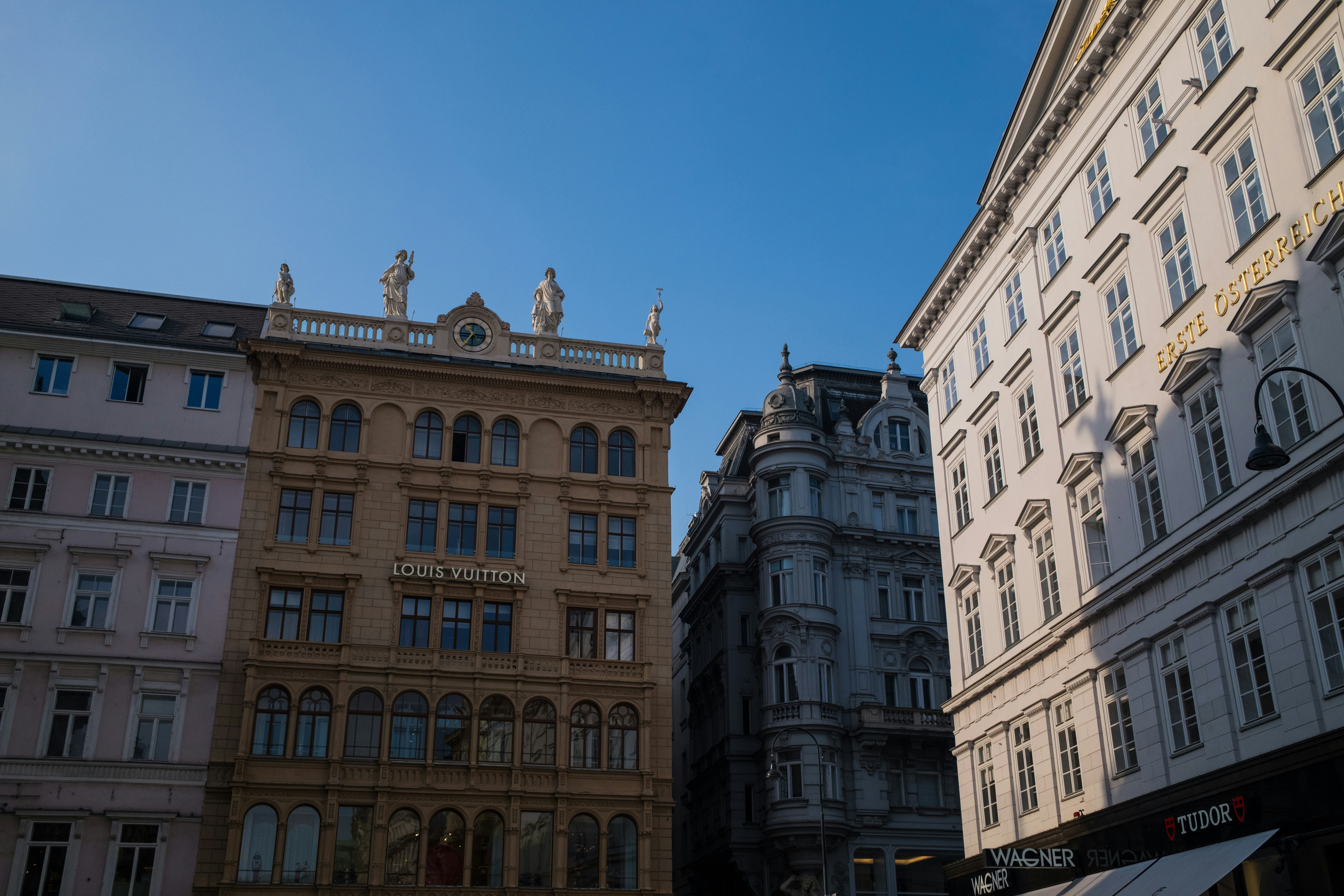 Ornate buildings under a clear blue sky