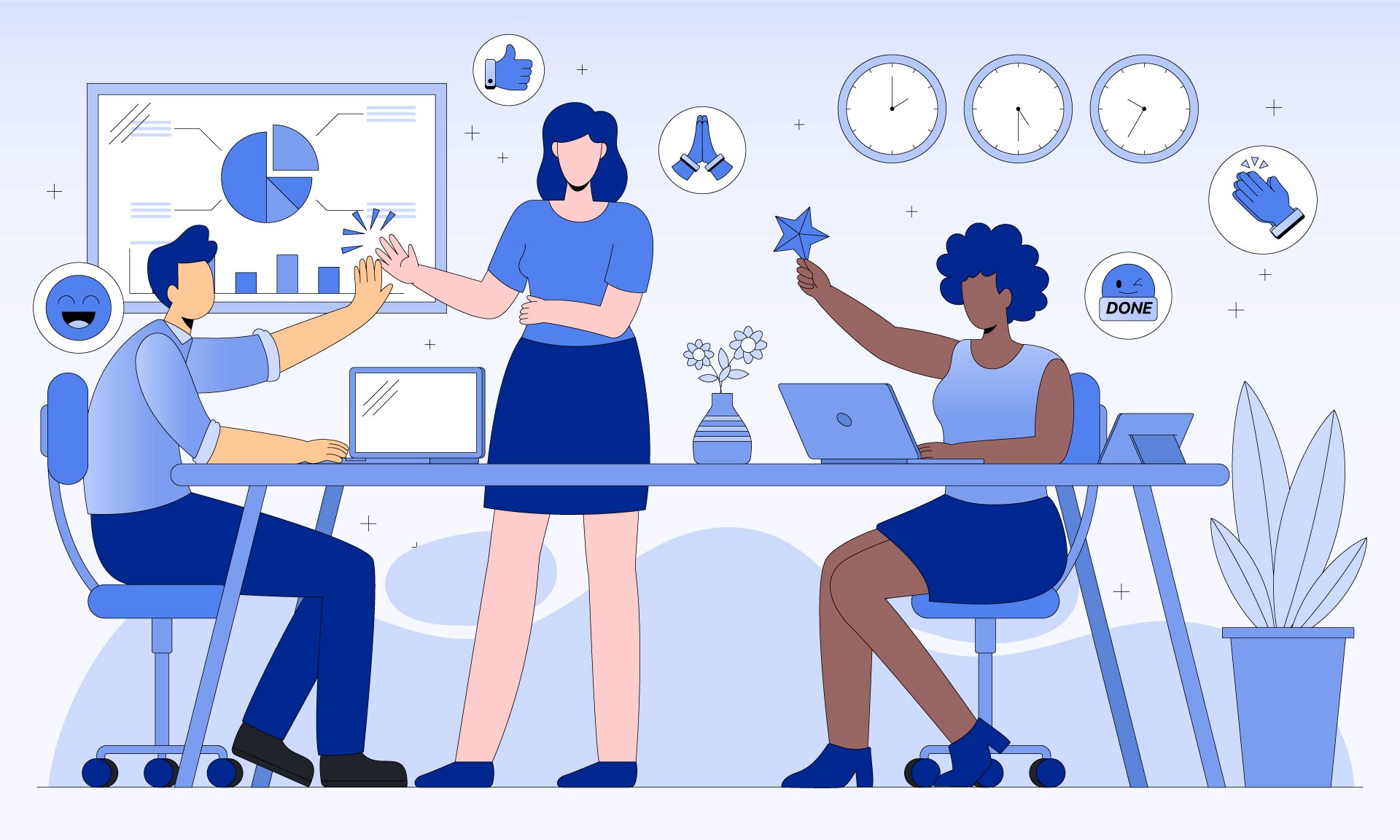 Illustration of a strong organizational culture—employees engaged, empowered, and recognized in an inclusive, collaborative workplace.